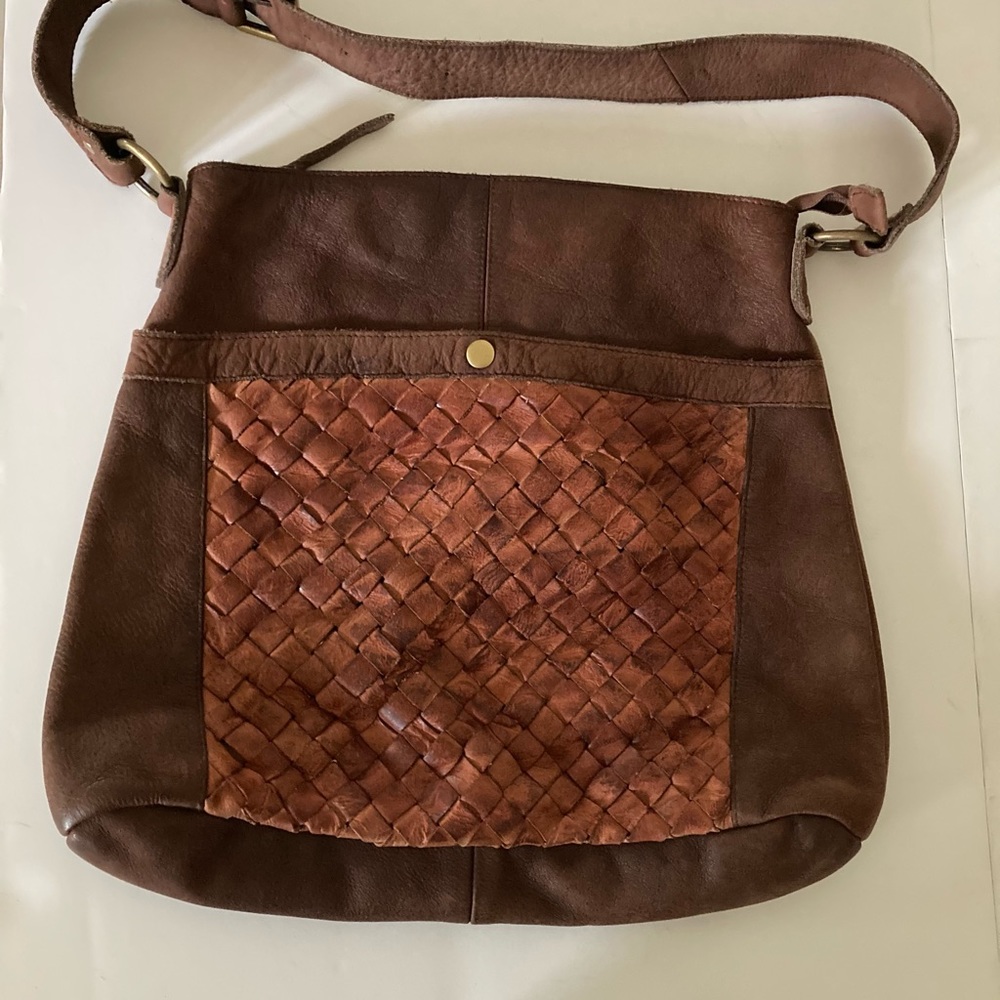 Mo & Co Brown Leather Boho Crossbody With Woven Leather Front Picket Messenger
